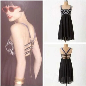 Anthropologie Leifnotes Black Silk Blend Embroidered Top A Line Dress Size 4